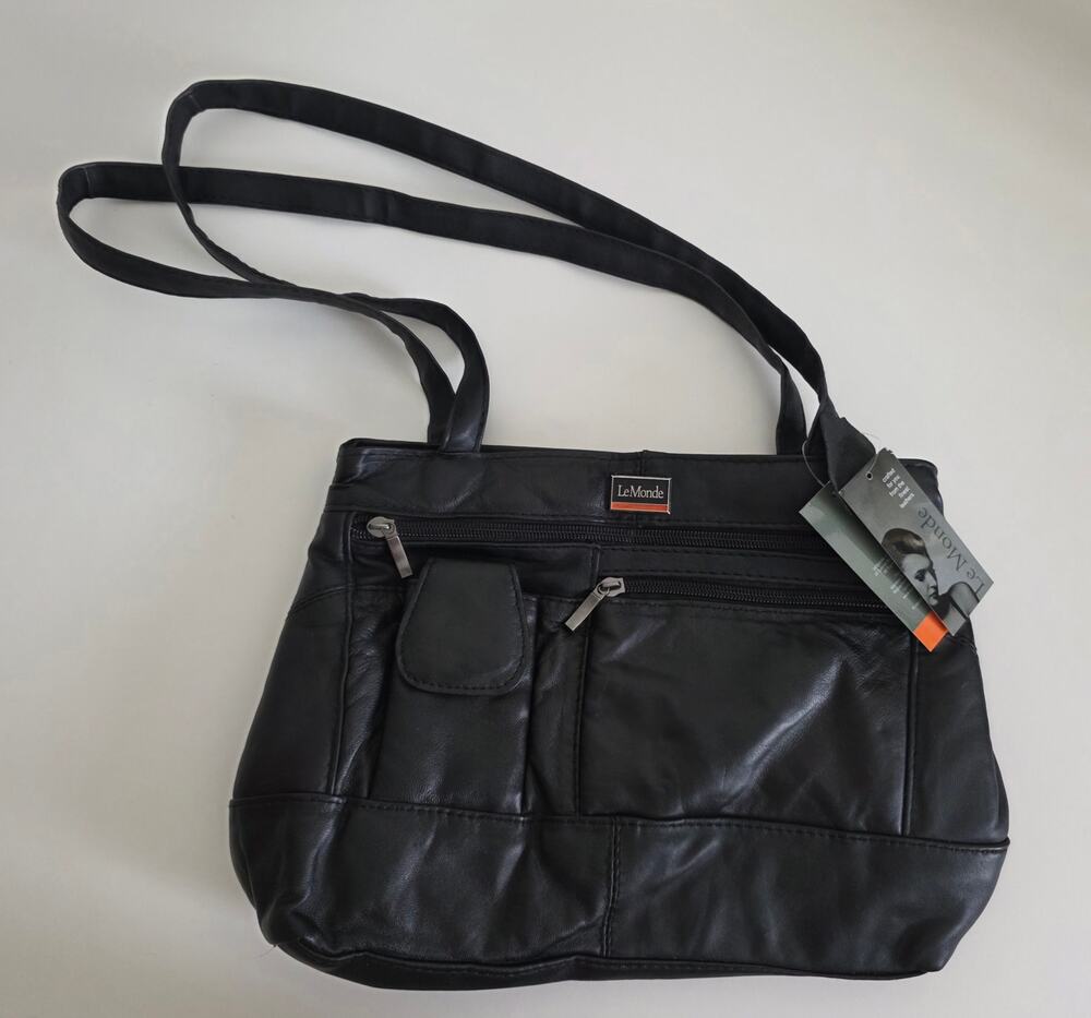 LeMonde Genuine Leather Black Shoulder Tote Bag Multi Pocket NWT